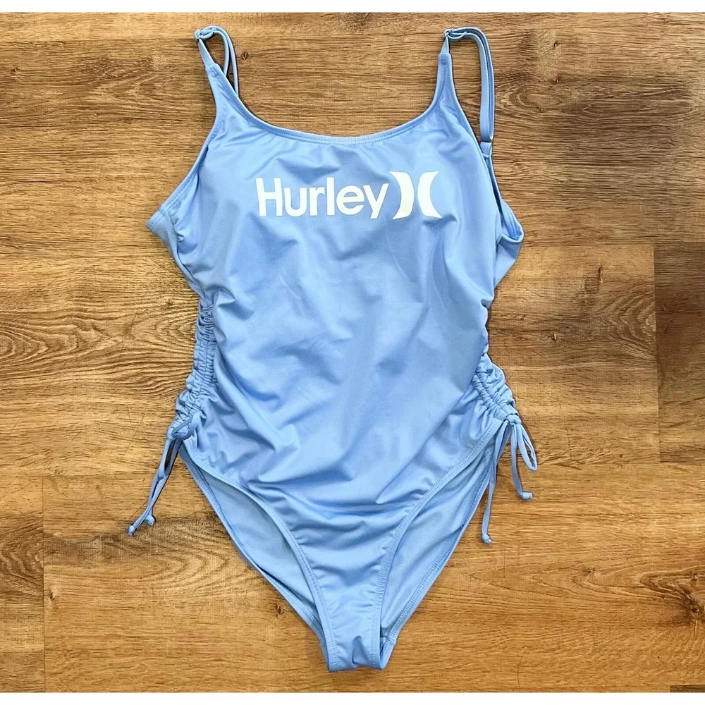 NWT Hurley Light Blue One Piece Swimsuit Front Logo Ruched Sides HURN23017 LARGE